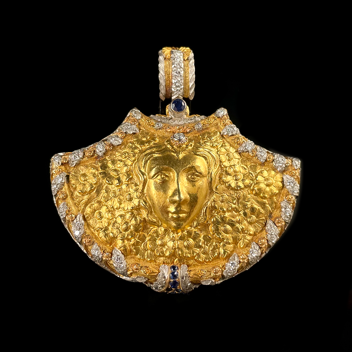 Italian 18K Yellow Gold Floral Woman Pendant signed Cazzaniga.png