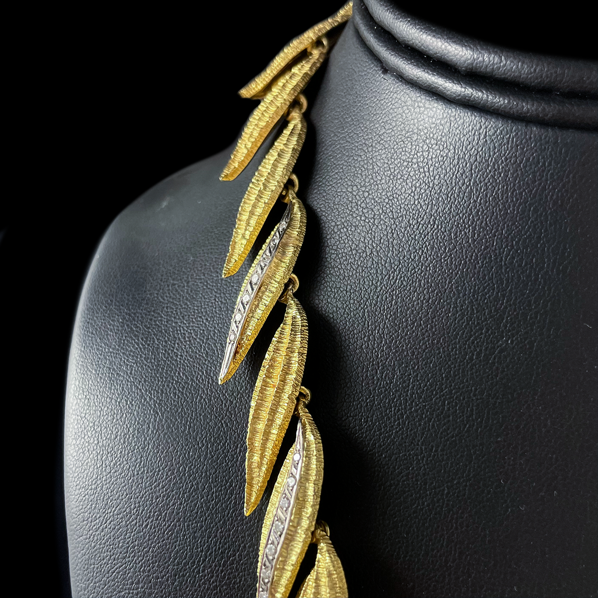 18K Yellow Gold Diamond Leaf Necklace Closeup.png