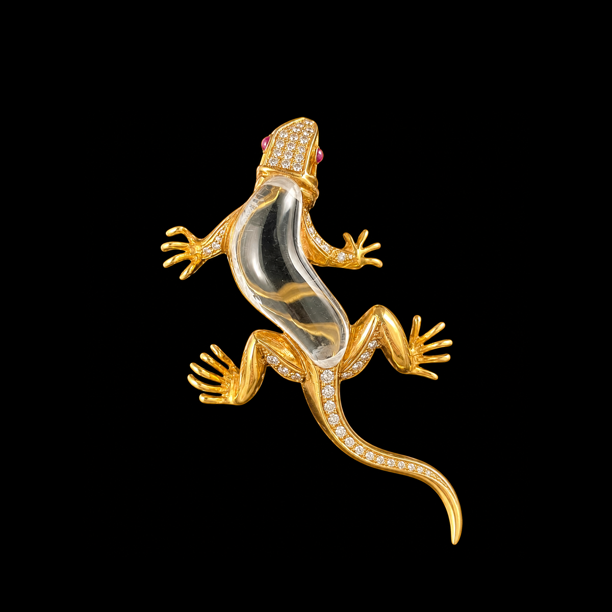 18K Yellow Diamond, Ruby, and Quartz Lizard Brooch.png