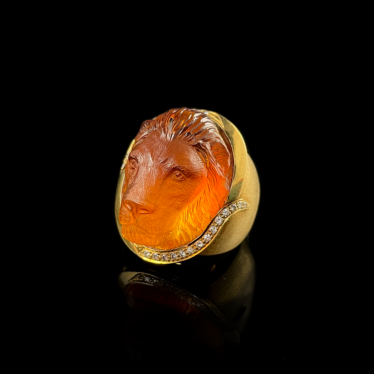18K Yellow Gold Lion's Head Carved Citrine Ring