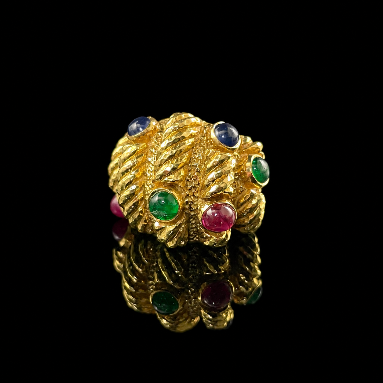 David Webb 18K Yellow Gold Emerald, Ruby, and Sapphire Ring