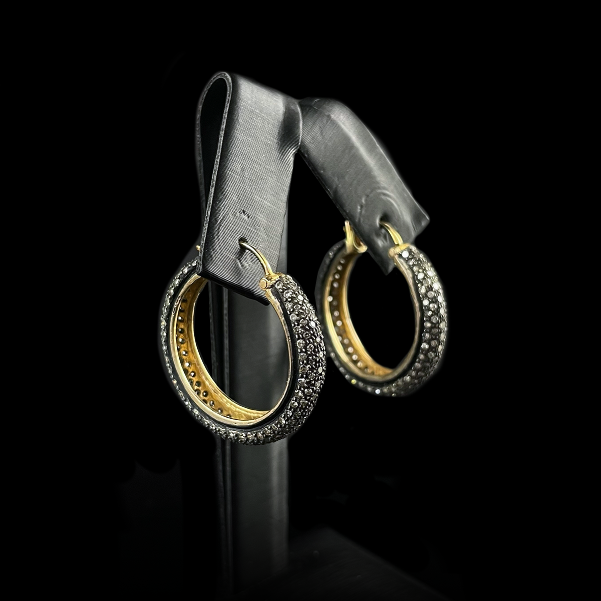 18K Yellow and Blackened Gold Brown Diamond Earrings Side.png