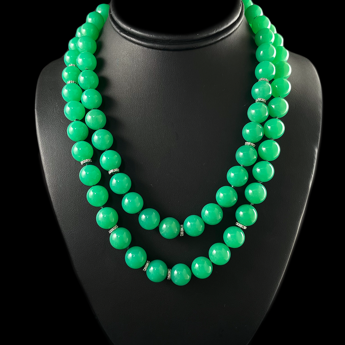Chrysoprase Bead Necklace with 18K White Gold and Diamond Spacers