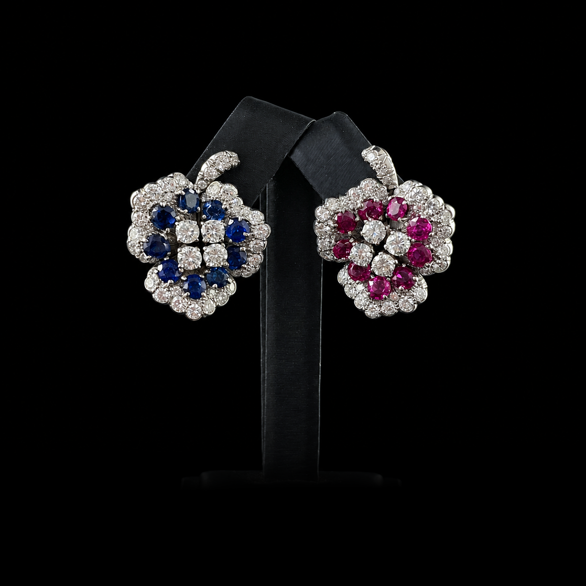Platinum Sapphire, Ruby, and Diamond Day & Night Clover Earrings.png