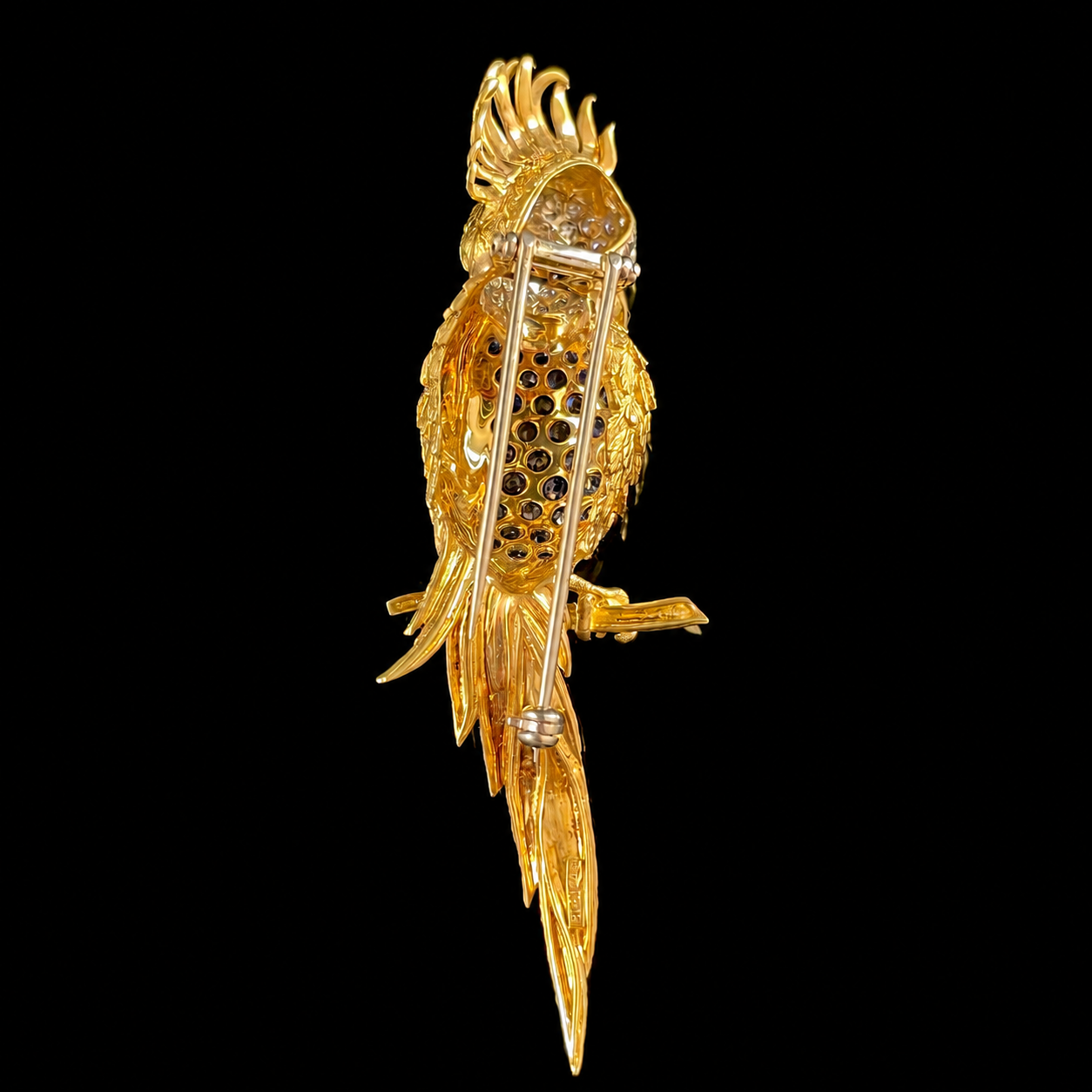 18K Yellow Gold Sapphire, Diamond, and Emerald Parrot Brooch Back.png