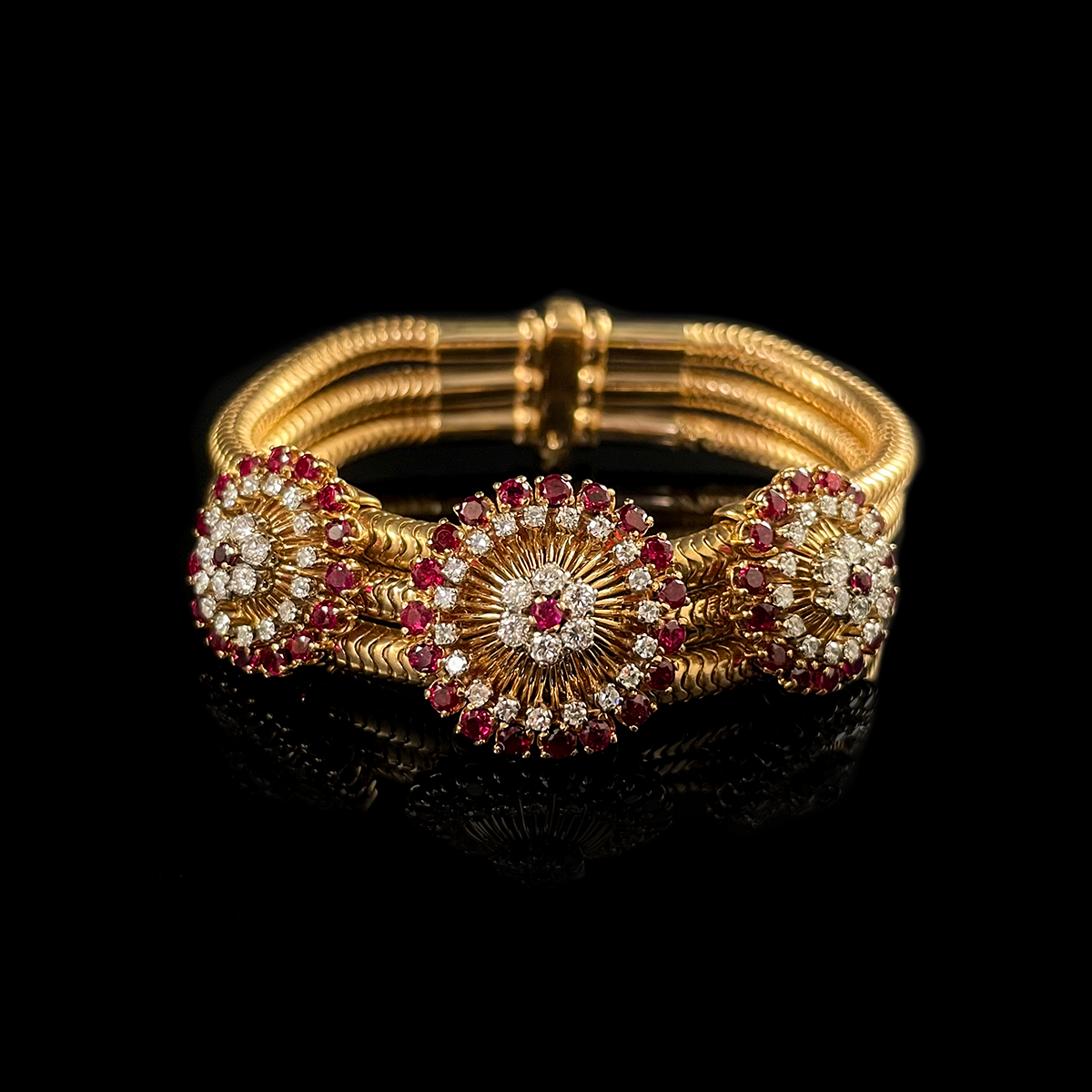 French Retro-Style 18K Yellow Gold Diamond and Ruby Bracelet Front.png