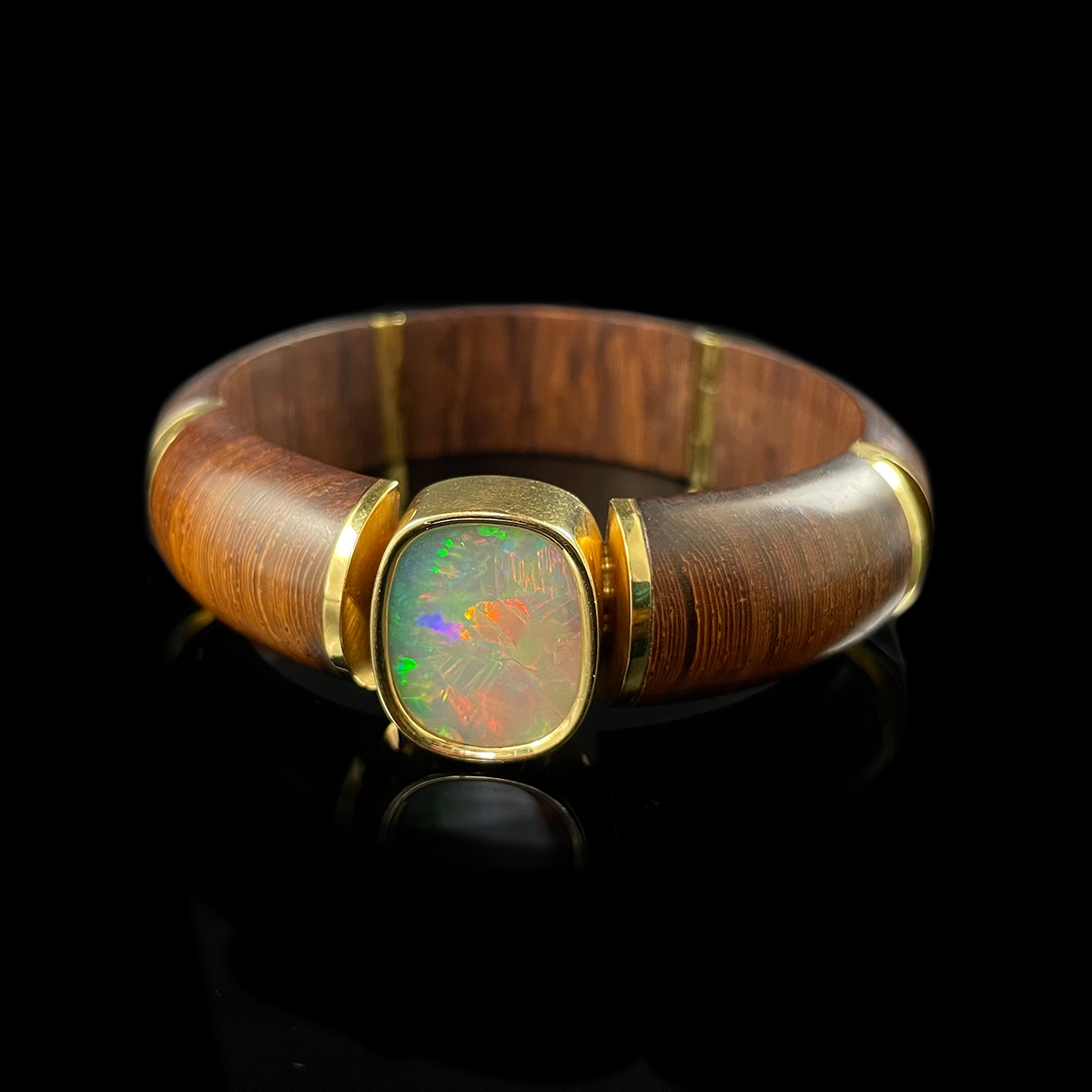 18K Yellow Gold Wood and Opal Bracelet signed Silverhorn.png