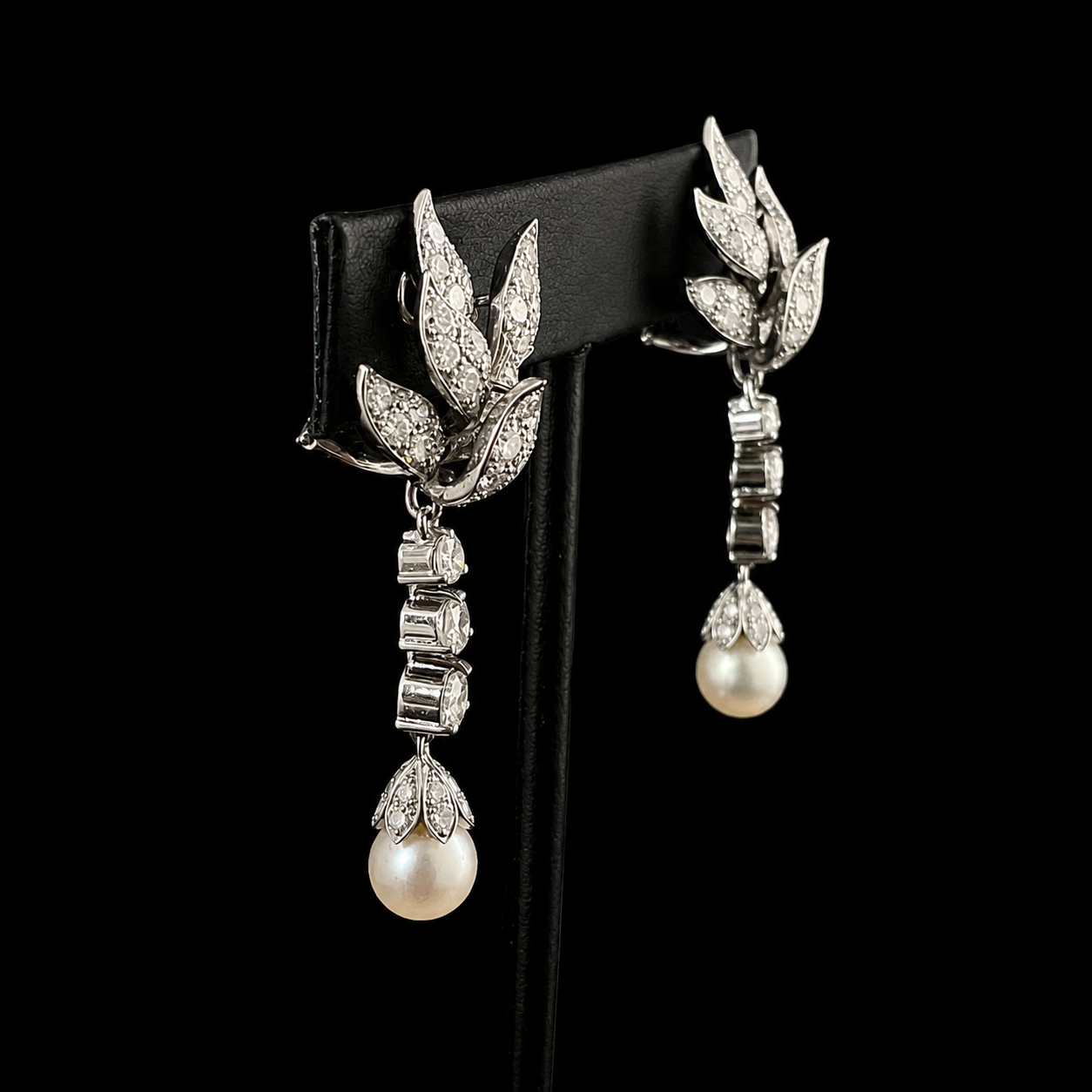 Platinum : 14K White Gold Diamond and Pearl Earrings Side.png
