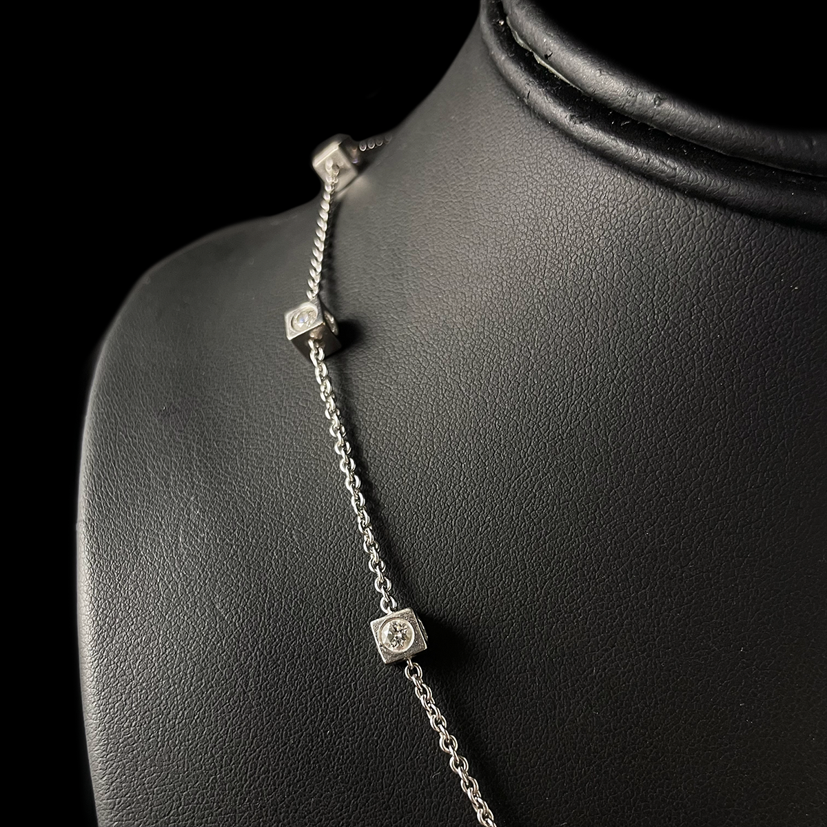 Contemporary 14K White Gold Diamond Cube Necklace Closeup.png