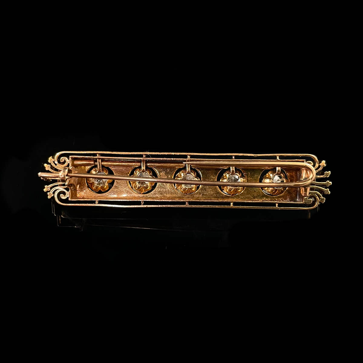 Victorian 14K Yellow Gold Diamond and Enamel Brooch Back.png