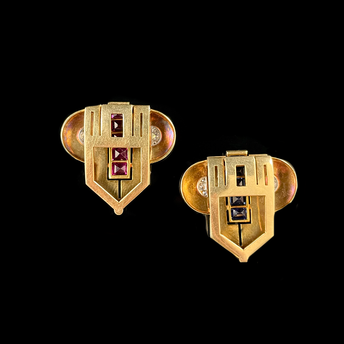 14K Yellow Gold Sapphire, Ruby, Diamond, and White Enamel Sweater Clips Back.png