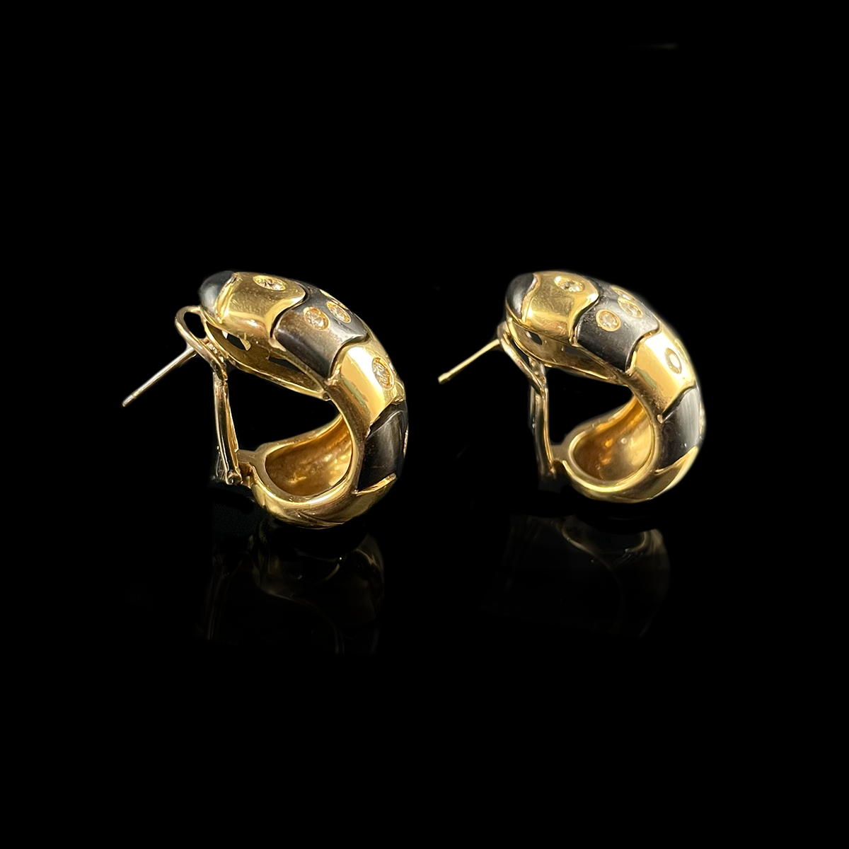 18K Yellow and Blackened Gold Diamond Earrings signed Bvlgari Side.png