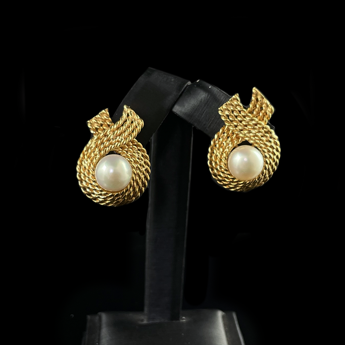 18K Yellow Gold Braided Pearl Earrings signed Ruser.png
