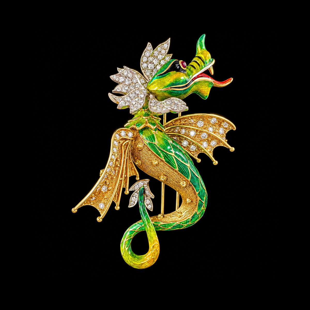 18K Yellow _ White Gold Enamel, Diamond, and Ruby Dragon Brooch.png