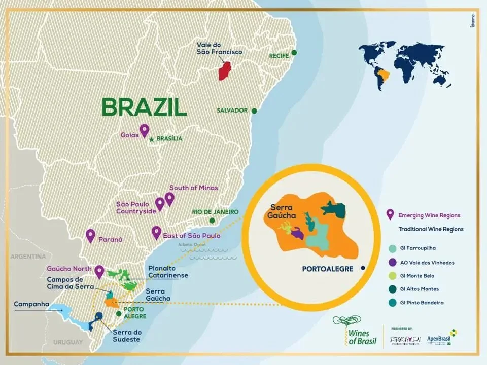 Map of Brazil highlighting wine regions, including traditional and emerging regions, with details of geographical features and major cities, and a small inset world map showing Brazil's location.