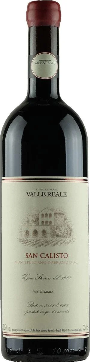 A bottle of Valle Reale San Calisto Montepulciano d'Abruzzo red wine.