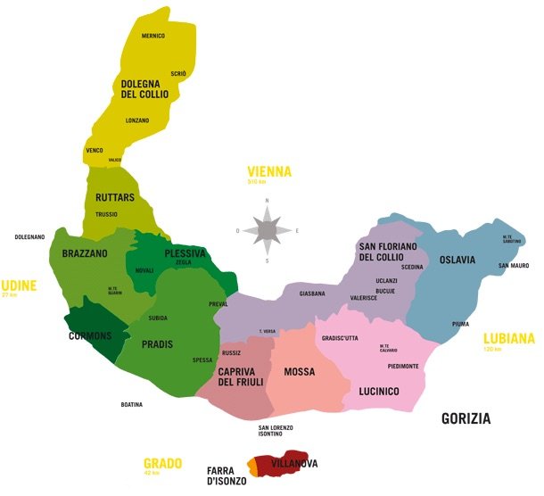 Color-coded map of the Friuli Venezia Giulia region in Italy, showing the areas of Udine, Gorizia, and Pordenone, with city names and boundaries.