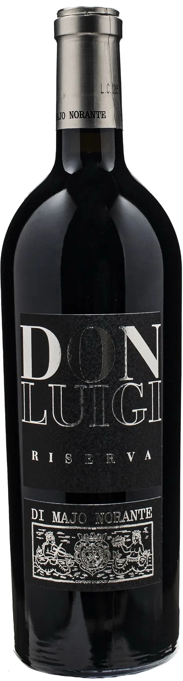 A close-up of a dark glass wine bottle with a silver foil capsule on the neck and a black label. The label features large white text reading 'DON LUIGI', a smaller description 'RISERVA', and additional text 'DI MAJO NORANTE' along with a decorative black and white illustration of two mermaids and a coat of arms.
