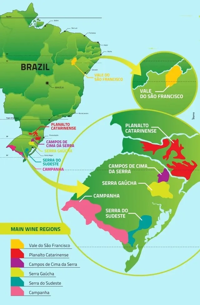 Map of Brazil highlighting main wine regions, including Vale do São Francisco, Planalto Catarinense, Campos de Cima da Serra, Serra Gaúcha, Serra do Sudeste, and Campanha, with color-coded labels for each region.