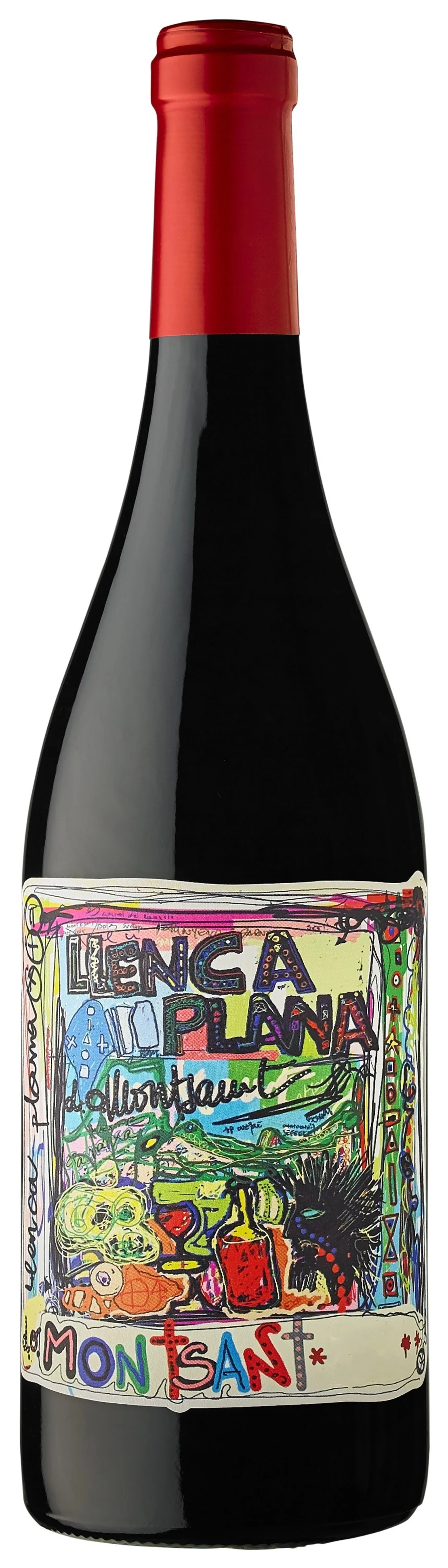 A wine bottle with a red foil top and a colorful, abstract label featuring various doodles and text.