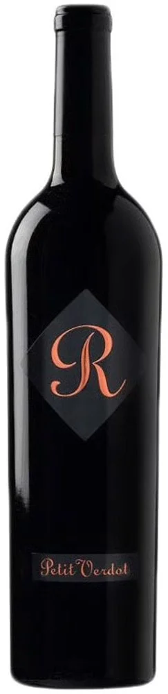A dark-colored wine bottle with a label featuring a red 'R' and the words 'Petit Verdot'