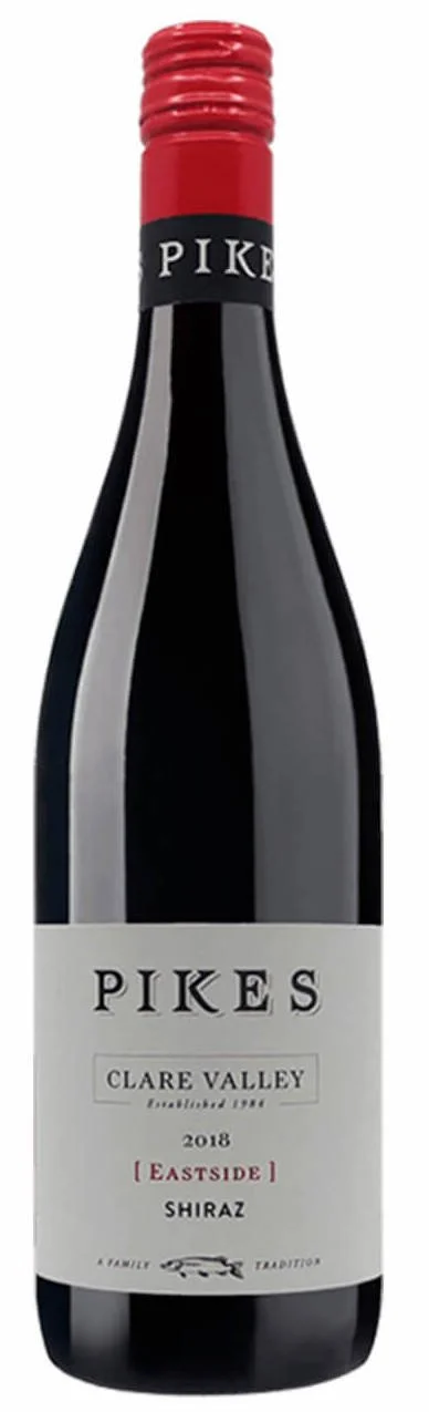 A bottle of Pikes Clare Valley 2018 Eastside Shiraz wine with a red screw cap and a white label.