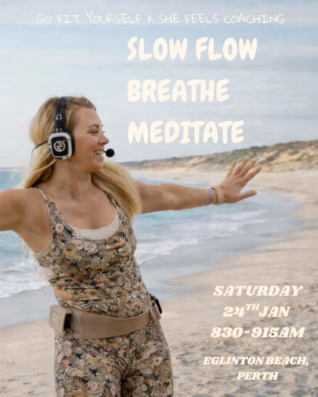 @go_fit_yourself_ X @shefeelscoaching 

This session is a little different. We will use our event meditation headphones, helping you to drop into the guidance with less distractions and stay fully immersed whilst moving with the elements. 

30 minute