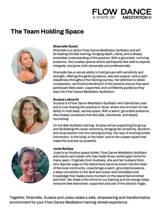 In 4 days we begin Flow Dance Meditation training in Bali ✨

I can&rsquo;t wait to meet this beautiful group and drop into retreat together&hellip;.. and if you couldn&rsquo;t make this one, there&rsquo;s another training in happening in November. 

