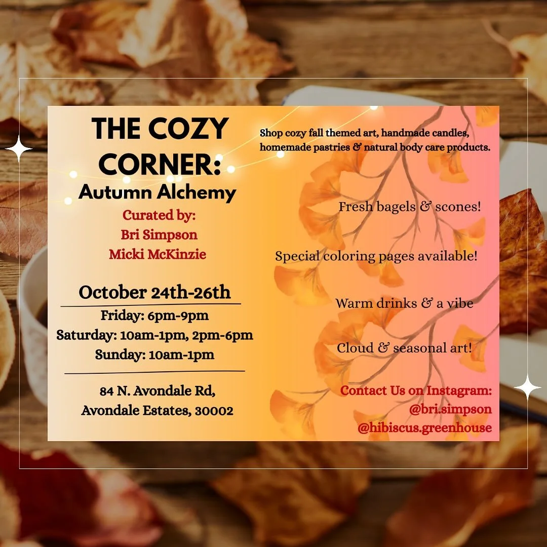 🍁 Opening tonight in the little gallery! Artist @bri.simpson is bringing her dreamy aesthetic, tasty treats, and cozy autumn vibes to the Avondale Arts Center. Stop by and check it out 🥰