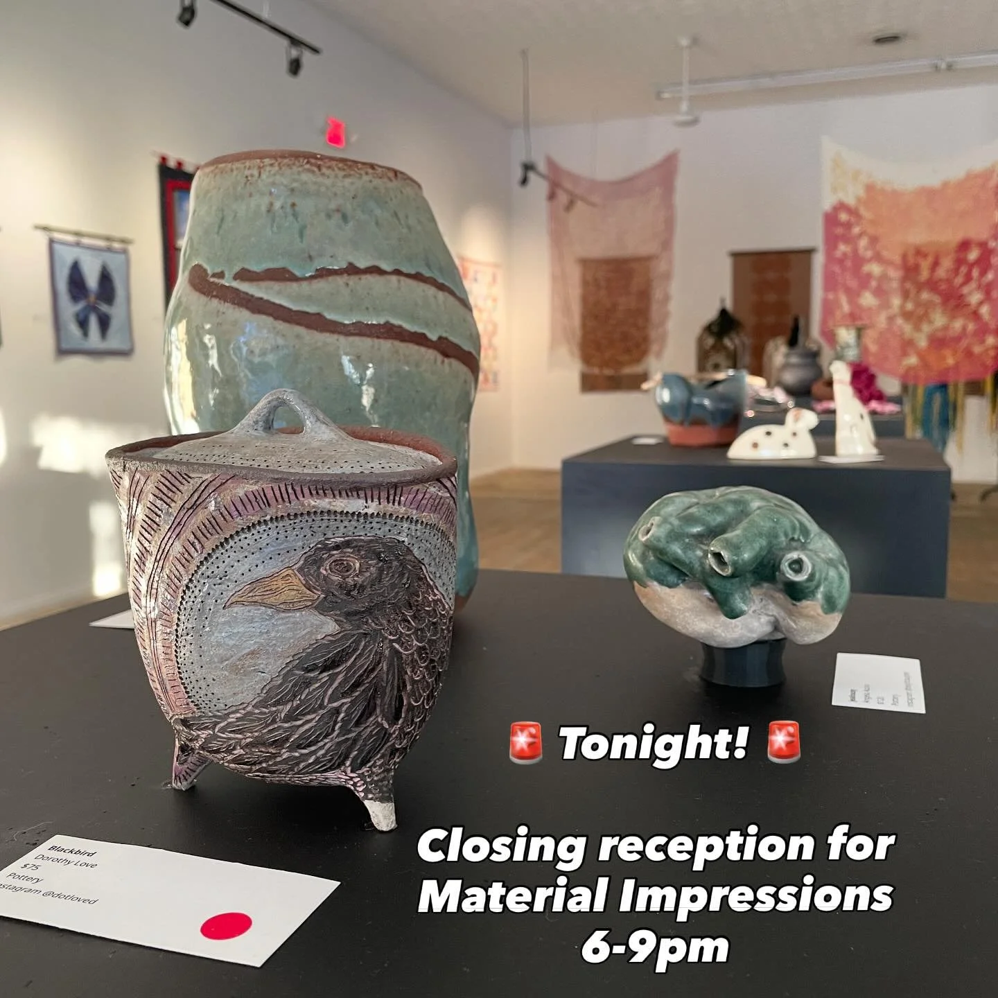 Stop by tonight, SAT 10/25, for the last chance to see works from the Material Impressions exhibition during our closing reception, from 6-9pm. 
Did you buy a piece from this show? You can stop by tonight to collect your purchases. Artists may also