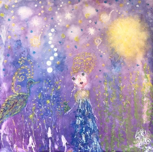 Bird Lady, 2022. Mixed media on clayboard - 5" x 5" x 1" 