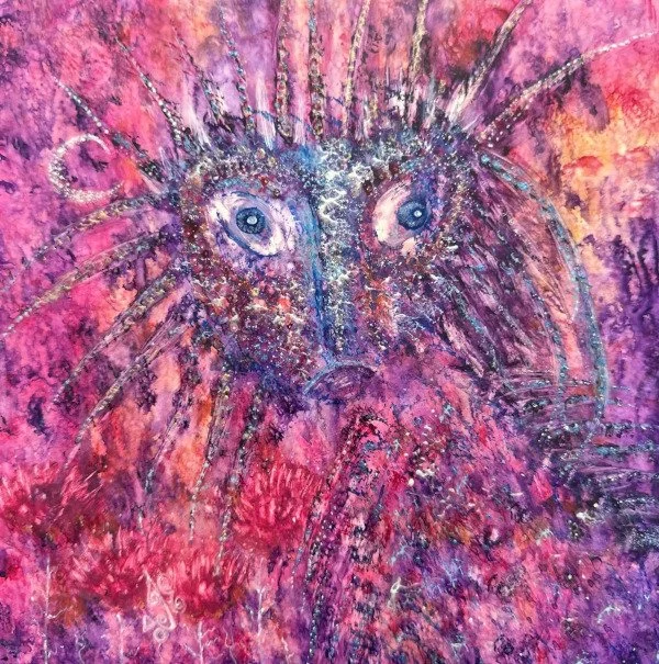 February's Dragon, 2019. Mixed media on clayboard - 8" x 8" x 1" 