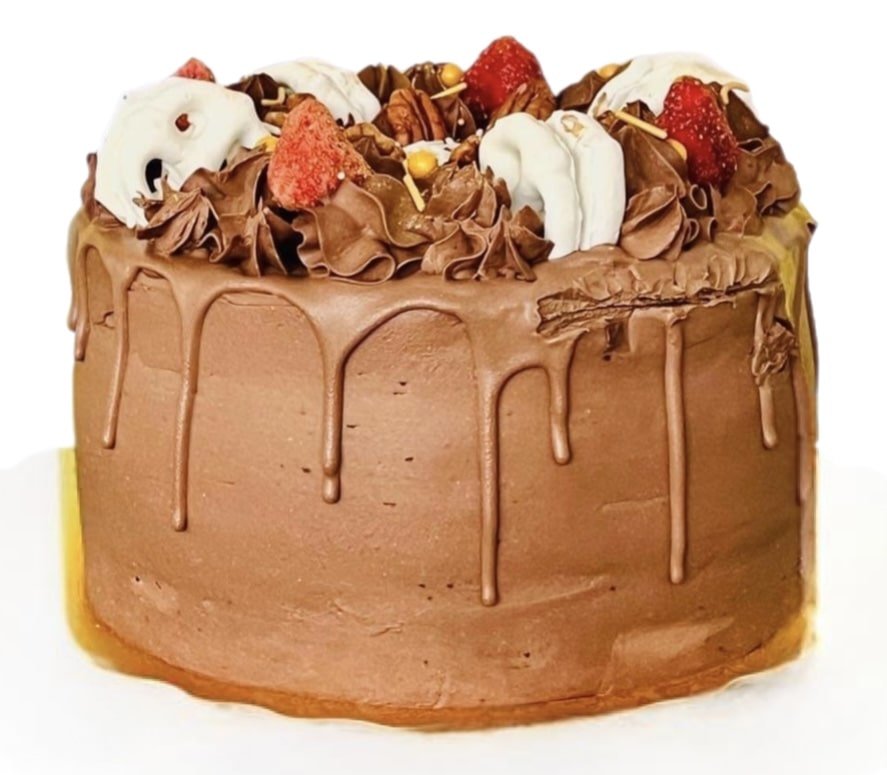 A brown cake with dark chocolate drippings and plentiful raspberries, white sugar coated cookies and chocolate toppings