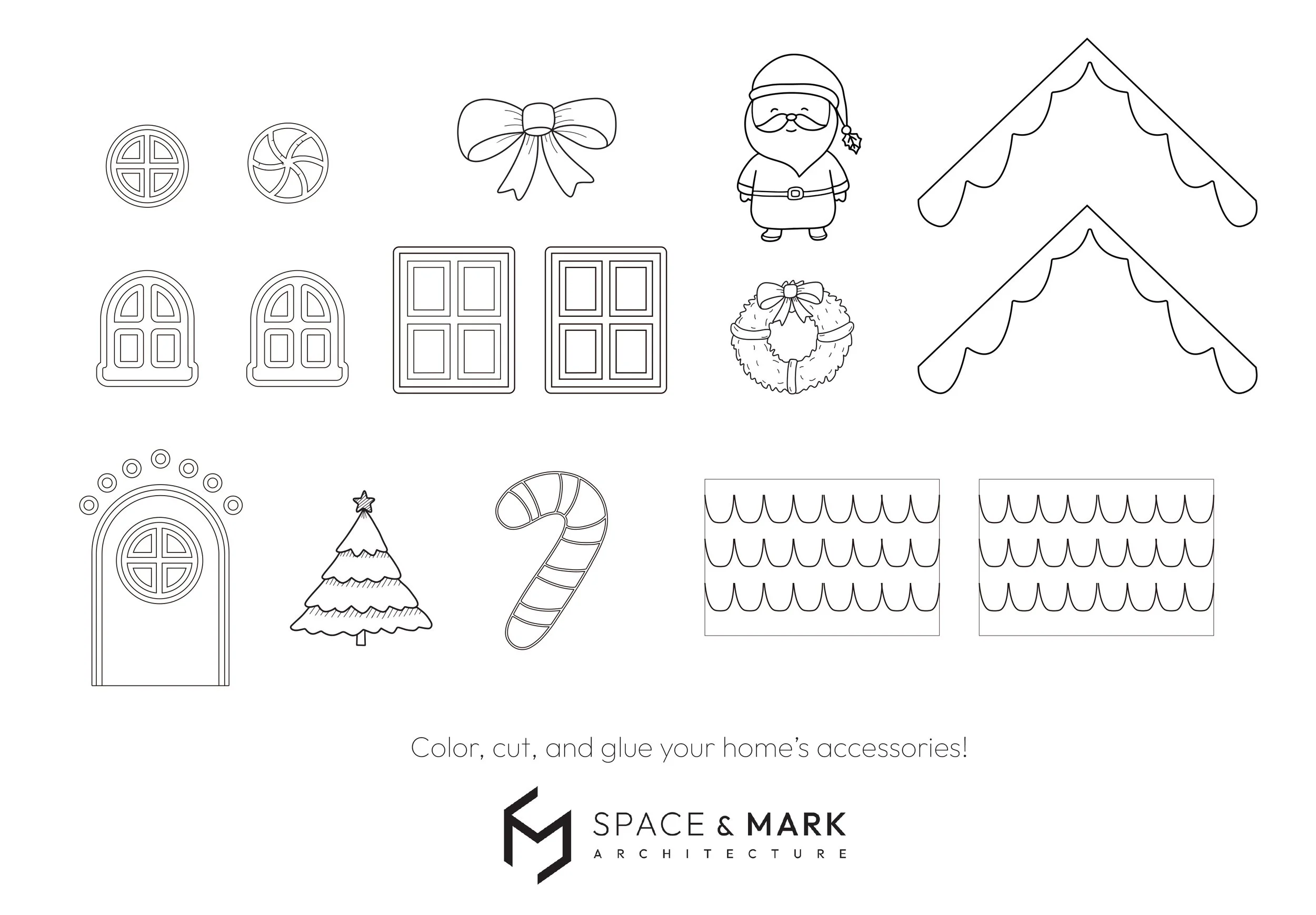 Outline holiday-themed home accessories coloring activity sheet with windows, bows, Santa Claus, wreath, door, Christmas tree, candy cane, and decorative fabric pieces.