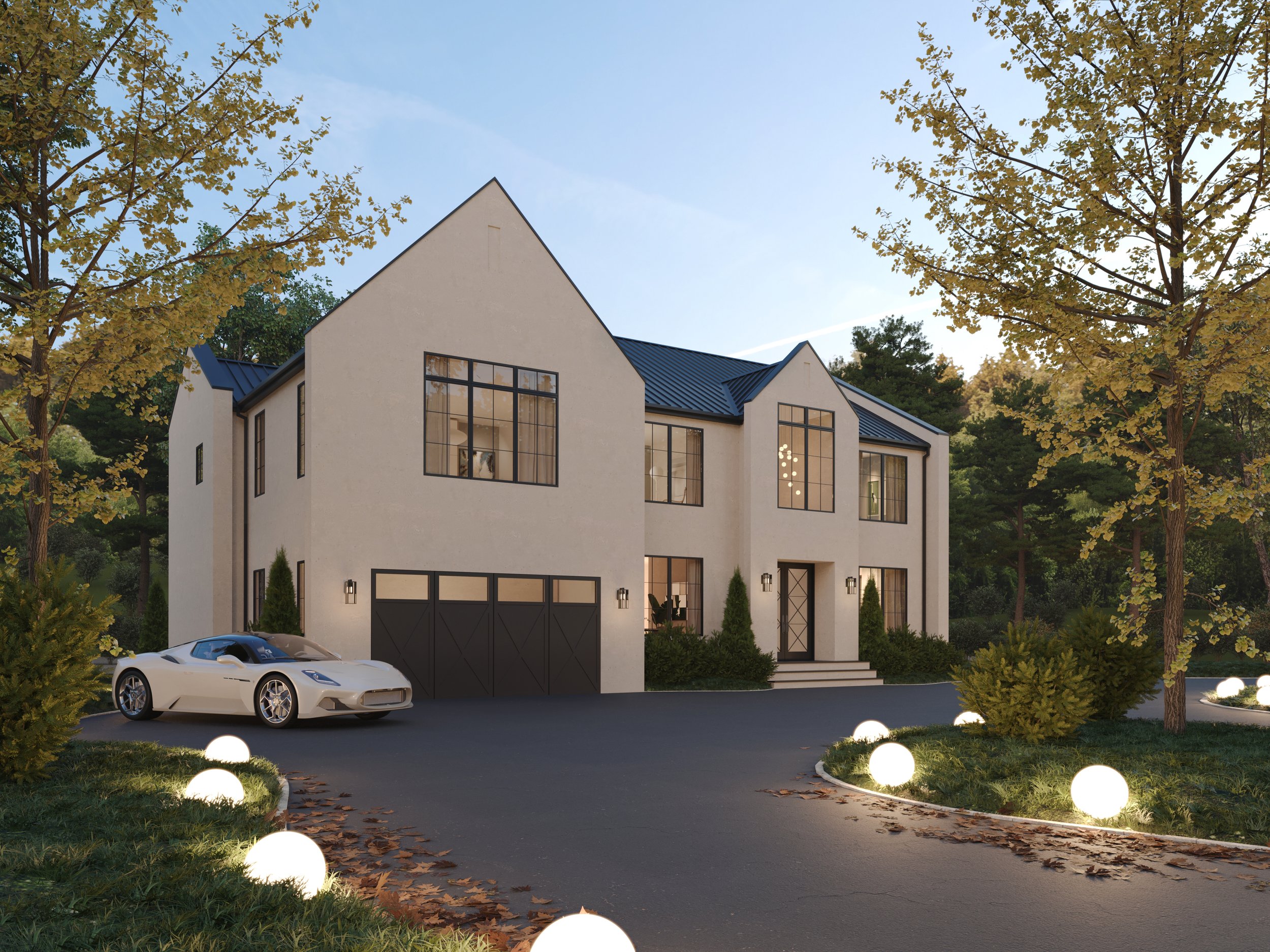 Modern two-story white house with large windows, black roof, and front steps, surrounded by trees and landscaped yard with glowing round pathway lights, a white sports car parked in driveway.