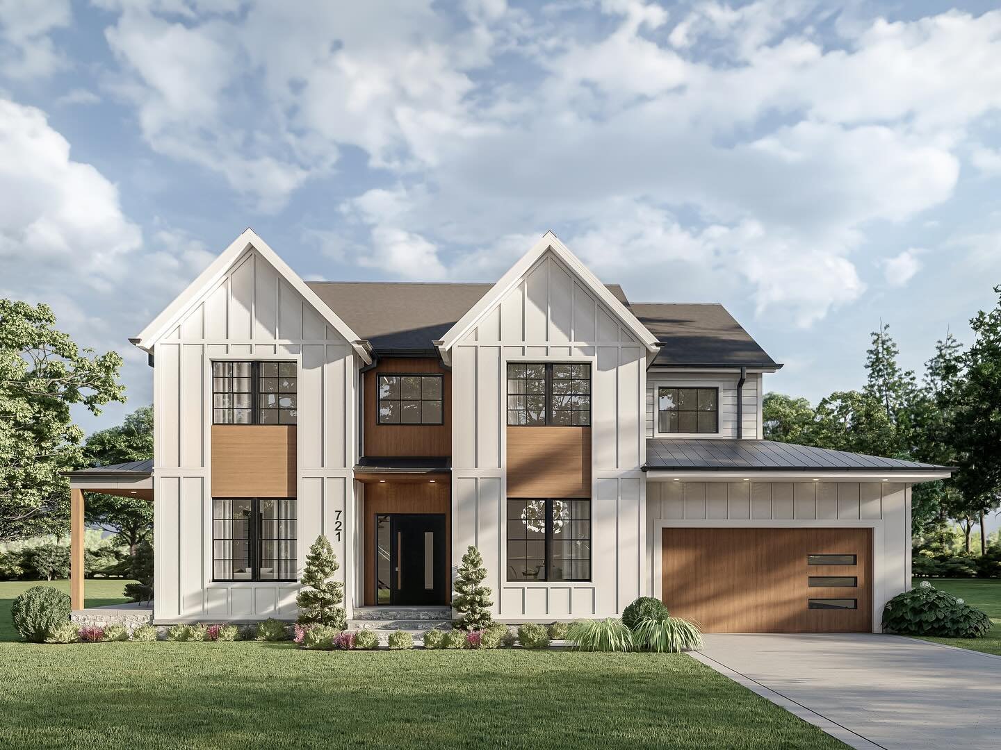 Looking back on this transitional style new build in Westfield. The wood-clad entryway, nestled between two symmetrical gables, promises a welcoming embrace of natural warmth for the homeowners each time they step into their home.

Architect: Space&a