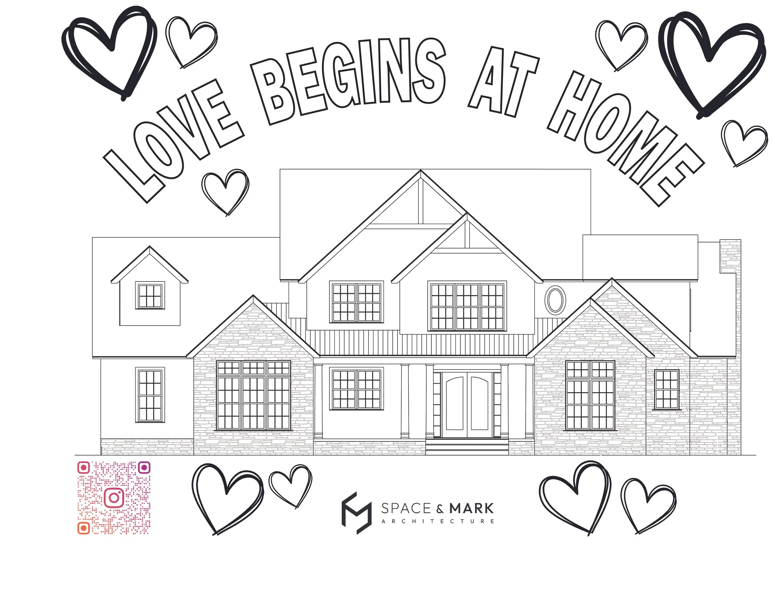 Line drawing of a house with the text "Love begins at home" and heart illustrations, along with logos and QR codes.