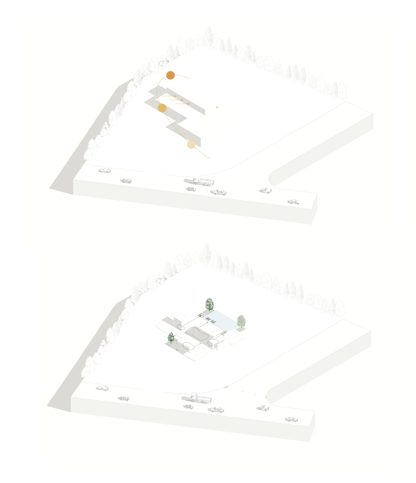 Two architectural site plans, top and bottom. The top shows a building with markers and pathways, surrounded by trees and with parked cars. The bottom shows a different building with a pool, trees, and landscaped surroundings, also with cars parked along the street.
