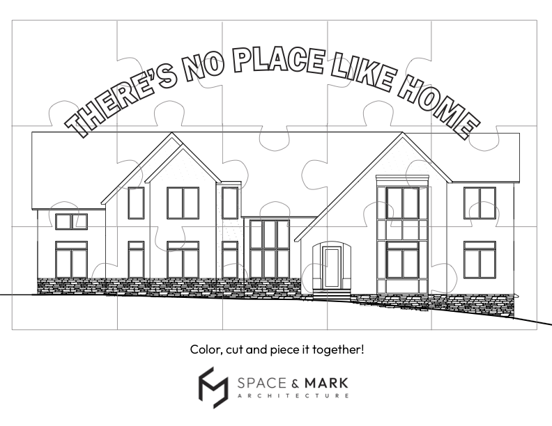Line drawing of a house with a roof, windows, and a front door, accompanied by a quote "There's no place like home" and the logo of Space & Mark Architecture.