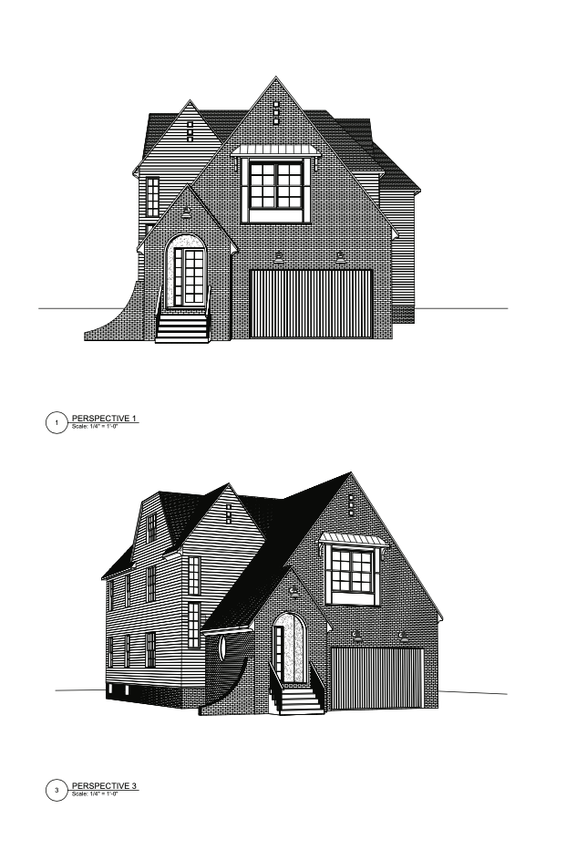 Architectural blueprint of a two-story house with garage, front door, and multiple windows, showing different perspective views.