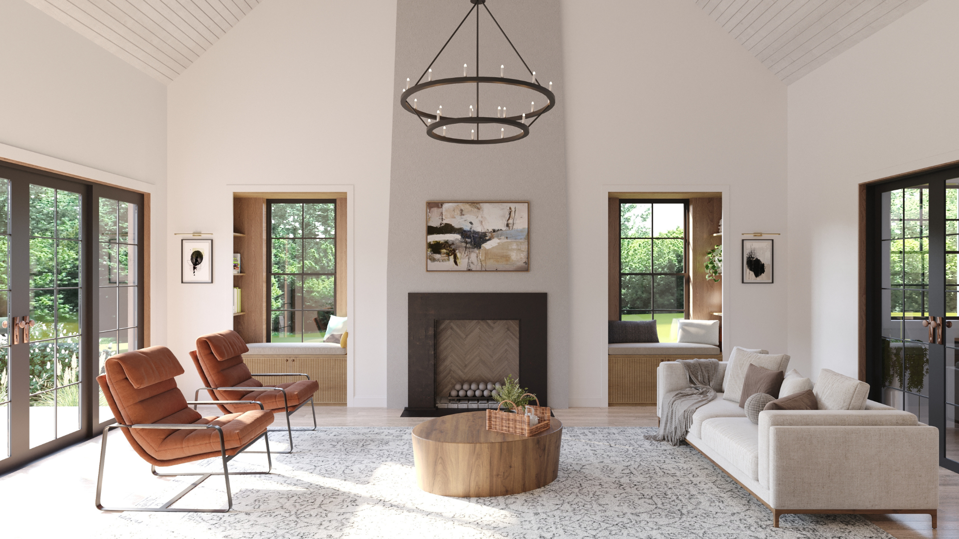 Bright living room with white walls, large windows, a central fireplace, and seating including a white sofa and two rust-colored armchairs. A black circular chandelier hangs from the ceiling, and a round wooden coffee table is in the center. Built-in window seats with cushions are on either side of the fireplace. A patterned rug covers the floor.