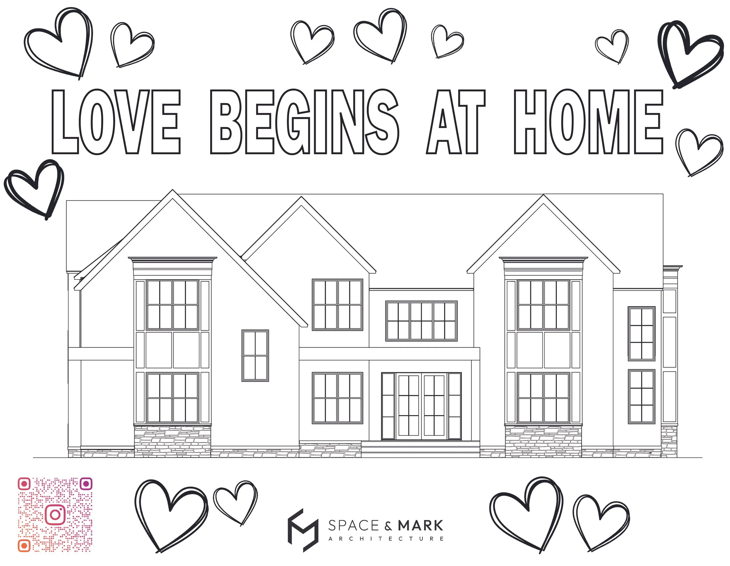 Black and white illustration of a house with multiple windows and a front door, surrounded by hand-drawn hearts, with the phrase 'Love begins at home' written above.