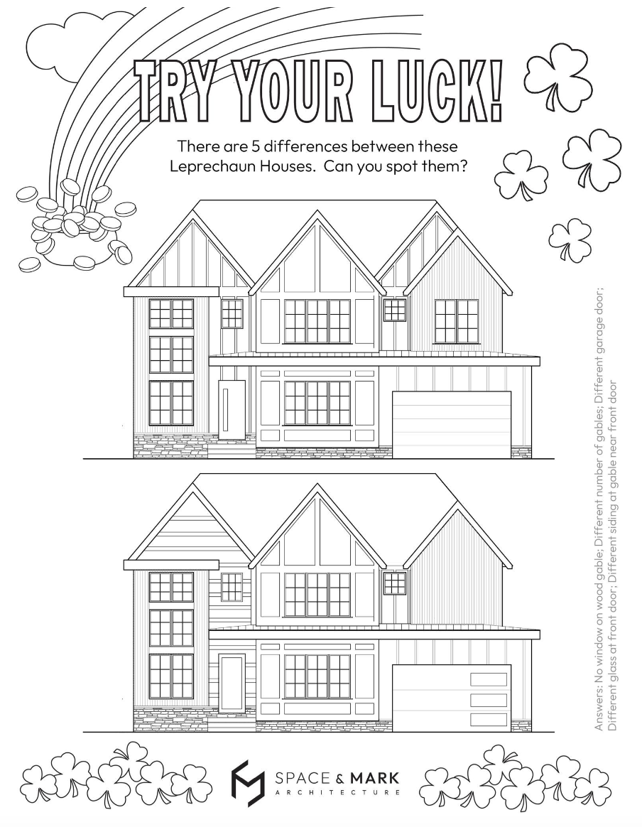 Coloring page titled 'Try Your Luck!' with two similar houses, each having differences in gables and garage doors, surrounded by shamrocks and a rainbow.