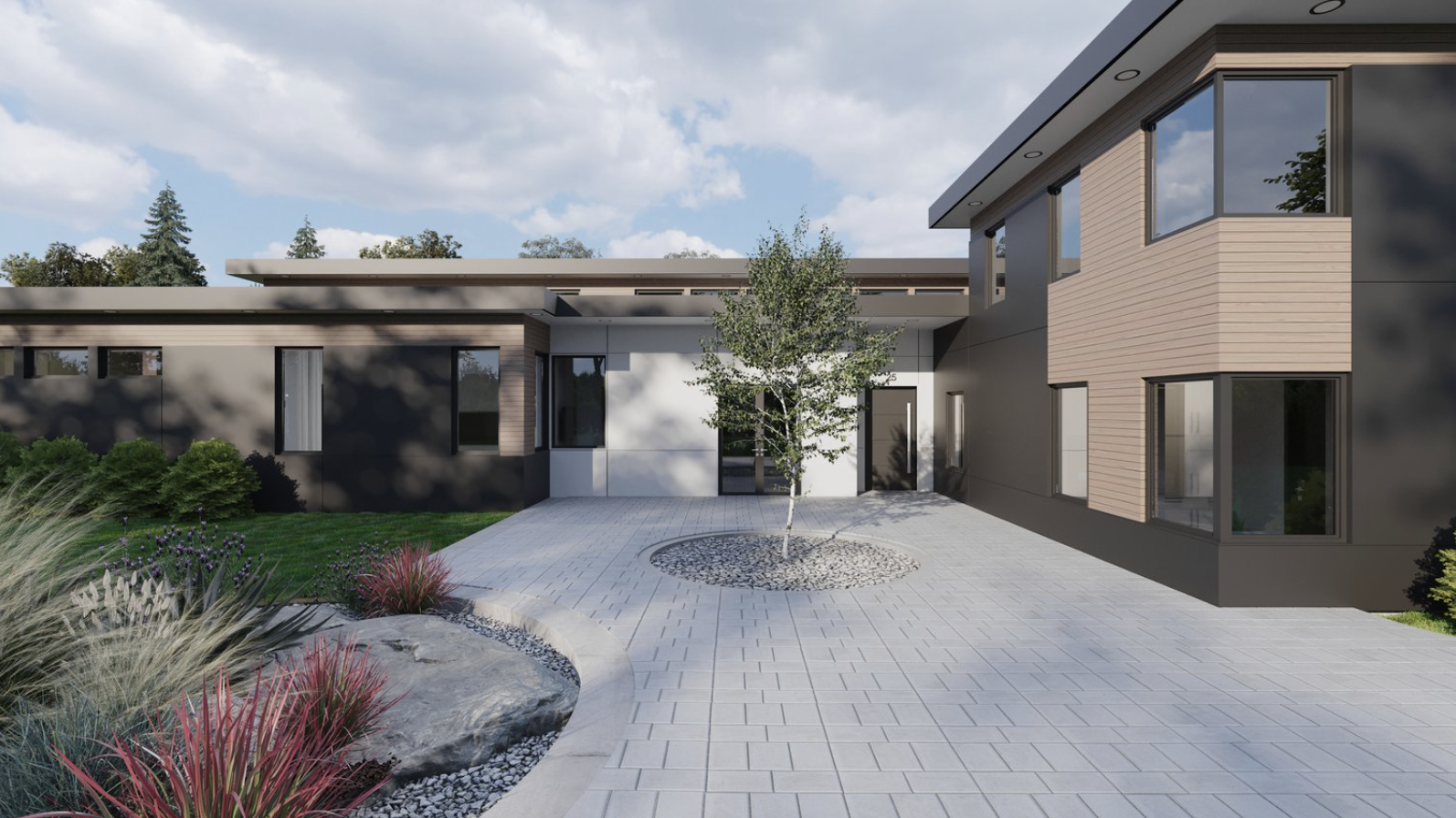 Modern residential building with a spacious paved courtyard, a small tree in a circular bed, and landscaped plants on the sides. The building features large windows and a combination of black, white, and wood exterior siding under a partly cloudy sky.
