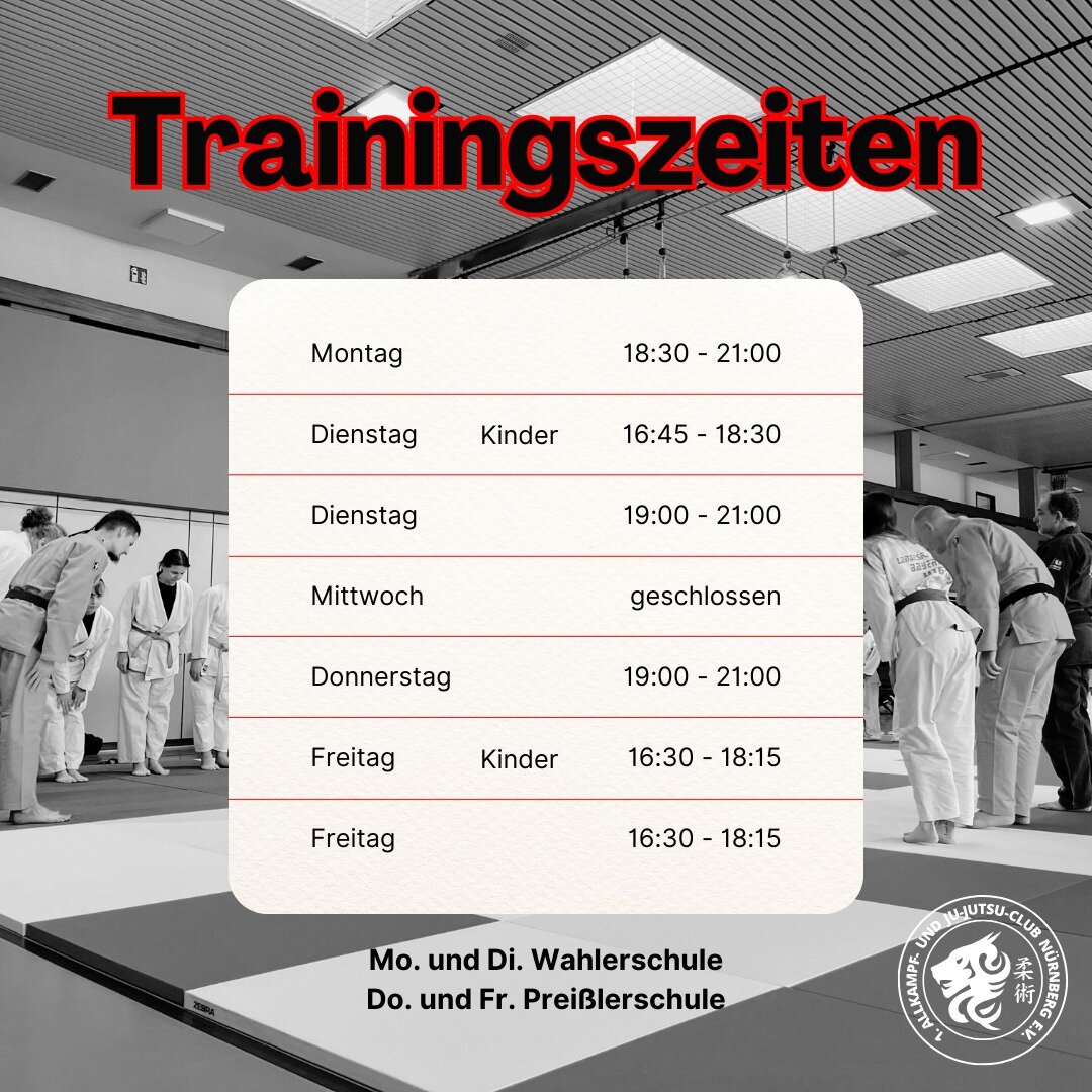Unsere aktuellen Trainingszeiten! 💪🥋

Weitere Infos auf unserer Website: 
http://ajjc-nuernberg.de

 #ajjc #jujutsu #selbstverteidigung #jjvb #allkampf #fighting