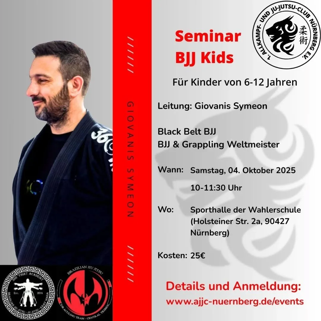 Nachdem unser BJJ Seminar im letzten Jahr ein voller Erfolg war, bieten wir dieses Jahr zus&auml;tzlich ein Seminar f&uuml;r Kids von 6-12 Jahren an. 🇬🇷🥋💪

Meldet Euch jetzt auf unserer Homepage an: www.ajjc-nuernberg.de/events.