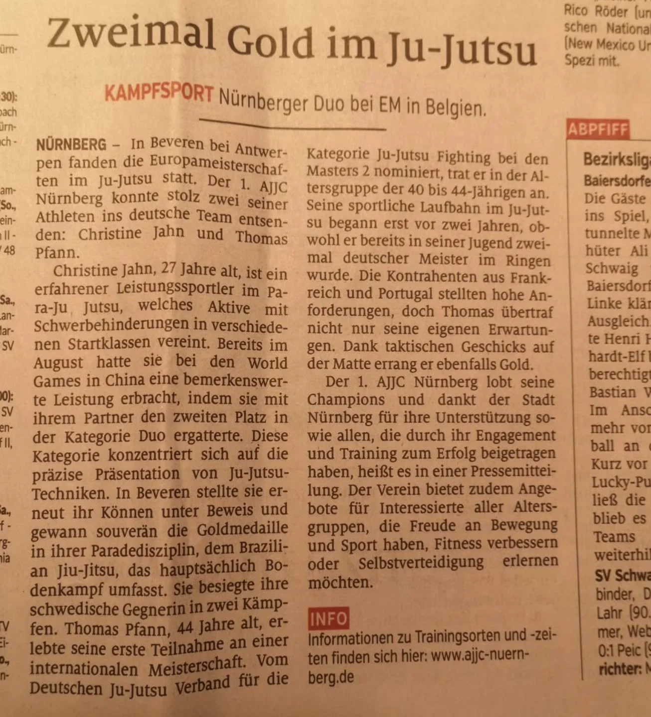 📰 1.AJJC N&uuml;rnberg in der Presse! 🥋🥇

Wir freuen uns riesig &uuml;ber den Bericht in der Zeitung &uuml;ber unseren Erfolg bei der Europameisterschaft. Zwei Goldmedaillen f&uuml;r unseren Verein &ndash; ein Moment, der uns mit Stolz erf&uuml;ll