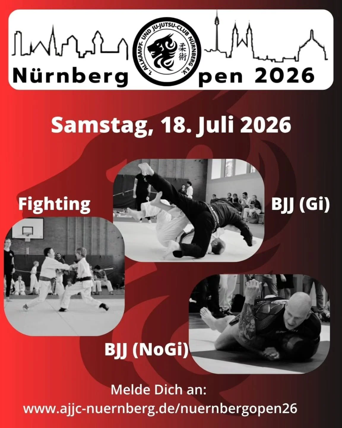 🔥 N&uuml;rnberg Open 2026 🔥

Es ist wieder soweit!

Am 18. Juli 2026 geht unser Turnier in die n&auml;chste Runde 💪

Egal ob Fighting, BJJ Gi oder NoGi

Hier kommen alle auf ihre Kosten und k&ouml;nnen sich auf starke K&auml;mpfe und eine top Atmo