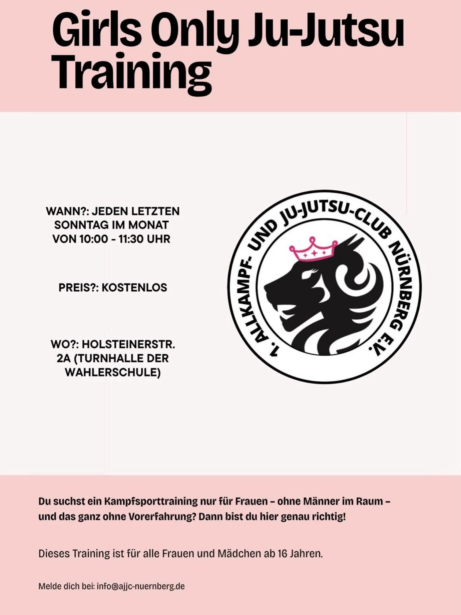 Du suchst ein Kampfsporttraining nur f&uuml;r Frauen- ohne M&auml;nner im Raum- und das ganz ohne Vorerfahrung? Dann bist du hier genau richtig!🩷 Dieses Training ist f&uuml;r alle Frauen und M&auml;dchen ab 16 Jahren. Melde dich an bei: info@ajjc-nu