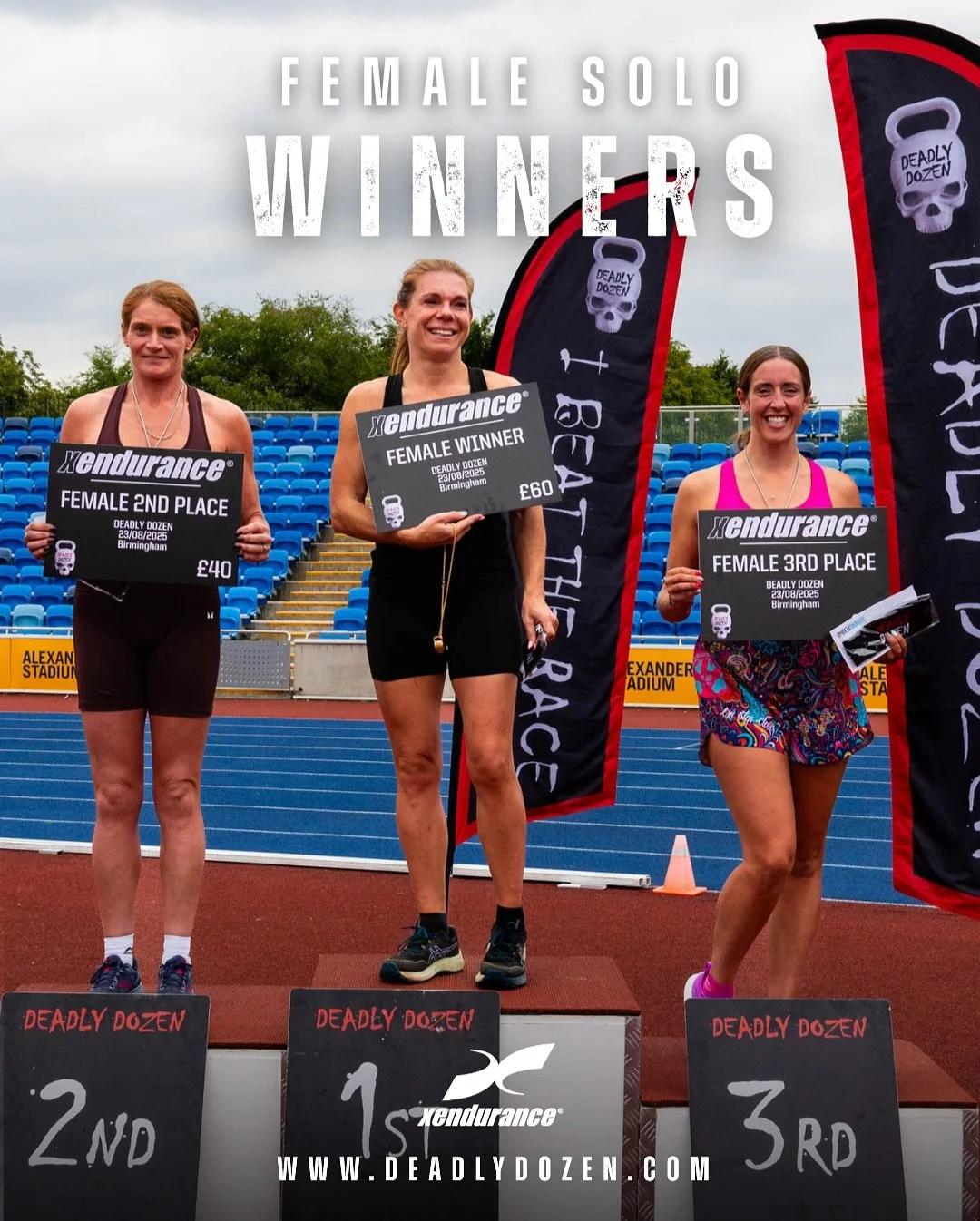 💀 Deadly Dozen Birmingham &ndash; Female Solo Winners 💀

A huge congratulations to our Female Solo champions who gave an outstanding performance at the Deadly Dozen, Alexander Stadium 👏🔥

@xendurance_eu Female Solo Podium

🥇 Liz Peapell &ndash; 